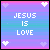 Pixelated text 'JESUS IS LOVE' on a striped background with heart symbols, displayed in two variations.