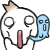 A cartoon character with a white skull-like face, brown tuft of hair, and red tongue holds a small blue ghost-like figure against a gray background.