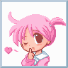 Pixel art character with pink hair in pigtails, wearing a pink sweater over white collar shirt; left shows winking face with finger to lips and floating heart, right shows smiling face with raised fists and text "I Love U !!!"