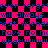 Pixelated text repeats on a pink and black checkered background with blue lettering.