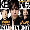 Three individuals in dark clothing appear on a magazine cover with bold text overlays including 'PANIC AT THE DISCO' and 'FALL OUT BOY' in yellow and white lettering.