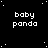 Black background with white pixelated text 'baby panda' repeated in a pattern, scattered white dots resembling stars, and one gray rectangular block at bottom right