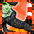 Pixelated character with green face and black hair in repeated pattern, orange background with white-and-red vertical stripes.