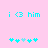 Light pink background with cyan text 'i <3 him' and five cyan plus signs below, where the middle sign is lighter in one version.