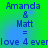 Blue text on green gradient background reads 'Amanda & Matt = love 4 ever' with pixelated appearance.