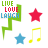 Pixelated 'LIVE LOVE LAUGH' text with green, red, and blue lettering alongside stars and musical notes in a