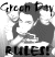 Static grayscale buddy icon featuring a pixelated cartoon character with text above and below, rendered in low-resolution 256x256 pixels.