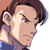 Pixelated static image of a character's profile with brown hair and purple clothing against a white background.