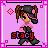 Pixel art contact sheet showing two frames of an animated AIM buddy icon featuring a cartoon girl with pigtails and pink accents on a purple background.