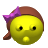 Yellow circular face with closed eyes and a small open mouth, wearing a brown headband with a purple bow on the left side against a gray background.