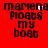 Red background with black pixelated text reading 'marlena floats my boat' in four identical , one shows white pixel changes in the text
