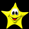 Six yellow star-shaped figures with cartoon eyes and red mouths arranged in two against a black background