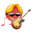 Pixelated cartoon character with red face and blonde hair playing electric guitar in multiple animated frames, wearing sunglasses with pink and purple musical notes appearing around it.