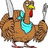 Pixelated turkey with brown feathers, blue bandana, yellow beak, red wattle, holding silver fork and knife against white background.