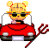 Pixelated cartoon character with blonde pigtails driving a red convertible car, shown in two animation frames side-by-side on white background.