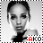 Black-and-white pixelated portrait of a person with dark hair pulled back, wearing a dark one-shoulder top, with red and black text 'AKO' at bottom right.