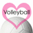 Pink heart outline frames volleyball text over a gray ball with subtle pixelated texture.