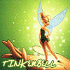 Tinker Bell figure with blue wings stands on a brown branch against green background with white sparkles, text "TINKERBELL" below.