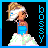 Pixel art icon of a cartoon woman with blonde hair in a ponytail wearing a blue dress and white headband, standing on a cloud-like base against black background with vertical "bossy" text.