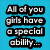 Blue background with black-outlined white text reading "All of you girls have a special ability..." and "Like Bubbles ability to speak Spanish!" above a pixelated character with yellow hair and blue clothing showing "Si!" text.