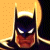 Pixelated static image of Batman's face with yellow background and dotted pattern, featuring dark blue mask, white eyes, red mouth area, and gold accents on the cowl.