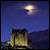Pixelated night scene with a glowing moon above a dark building silhouette against a gradient blue sky.
