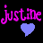 Pixelated pink text "justine justine" with a blue heart symbol on black background in static frame.