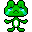 Green pixelated frog-like character with white belly, blue eyes, and pink eye accents in various expressions across three