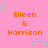 Pink background with repeated orange text "Eileen & Harrison" and green star-shaped pixel art elements in corners and midpoints.
