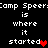 Black background with white pixelated text reading "Camp Speer:amp Speer: is where it started" and a red heart symbol replacing the 'd' in "started".