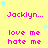 Yellow background with pink text reading "Jacklyn... love me hate me" repeated in a , surrounded by small blue and white stars