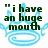 Pixelated text reads "i have an huge mouth and an even bigger buddy list - the OC" over a light blue halo and crown graphic on white background.