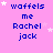A static image with a pink background displays repeated text "waffels me Rachel jack" in blue pixelated font, surrounded by white star shapes.