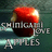 A pixelated red apple with a bite taken out, positioned over layered text reading 'spinal tap', 'love', and 'apples' on a teal background.