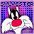 A contact sheet of 12 animated frames showing a cartoon cat character with black-and-white stripes, white wings, and a red nose against a purple grid background with repeated text.