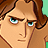 Pixelated close-up of a character's face with brown hair, green eyes, and a neutral expression against a light green background.