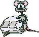 Pixelated mouse character with pink ears and green body rides white vehicle, expression shifts from neutral to smiling across frames.