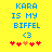 Yellow background with blue pixelated text reading 'KARA IS MY BIFFEL <3' and red/orange heart symbols below.