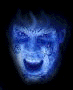 Animated sequence of a blue-toned face with glowing eyes and mouth, showing expression changes against black background.