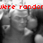 Black-and-white image of a person with red text overlays reading 'were rando but thats how we roll :]' across four