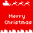 Red background with white pixelated Santa sleigh and reindeer icons above and below "Merry Christmas" text, arranged in a pattern with horizontal white line separators