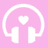 White pixelated headphones with a heart symbol on the headband against a solid pink background.