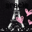 Pixelated static image of a silver scissors with pink hearts floating around it on a black background.