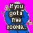 Blue character with large white eyes holds a cookie, surrounded by crumbs on bright pink background; text overlays change across frames.