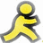 Yellow stick figure with gray outline in running pose next to yellow text 'run' and 'aim guy' on white background.