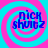 Four identical display blue text 'nick shultz' over cyan and pink spiral backgrounds with no visible animation changes