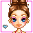 Pixel art of a woman with brown hair in a bun, blue eyes, and a pink heart icon, showing eye animation changes across frames.
