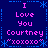 Blue background with pink text reading "I Love You Courtney 'xoxoxo'" in four quadrants, bordered by blue dotted lines and snowflake symbols.