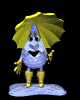 Animated character with light blue body, yellow boots, and yellow umbrella-like headpiece stands on light blue base against black background.