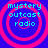 Four identical pixelated circular icons with pink concentric rings on a blue background, each displaying cyan text reading 'mystery outcast radio' in three lines.